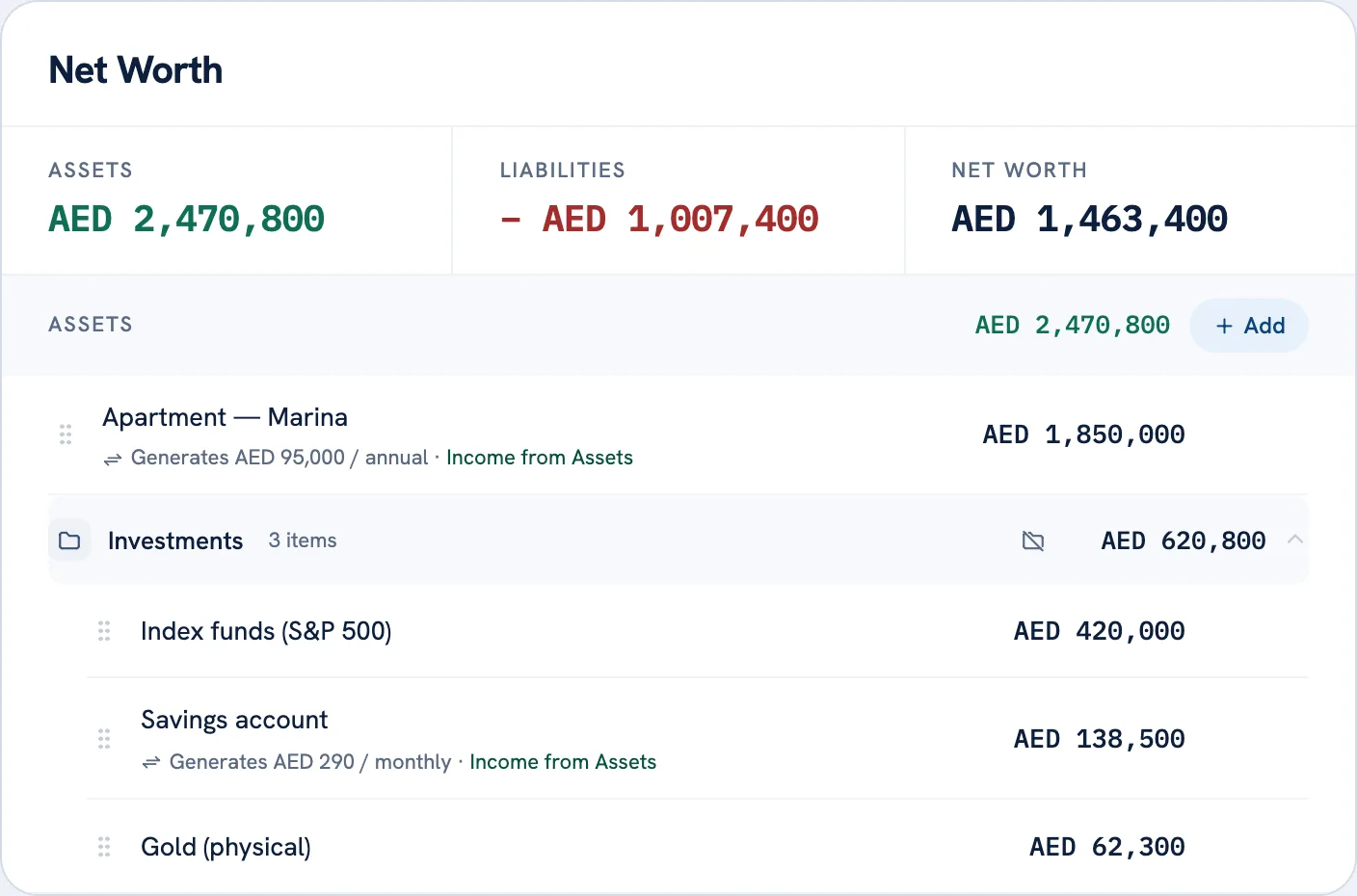 Net worth summary with assets in AED, including a grouped investments folder